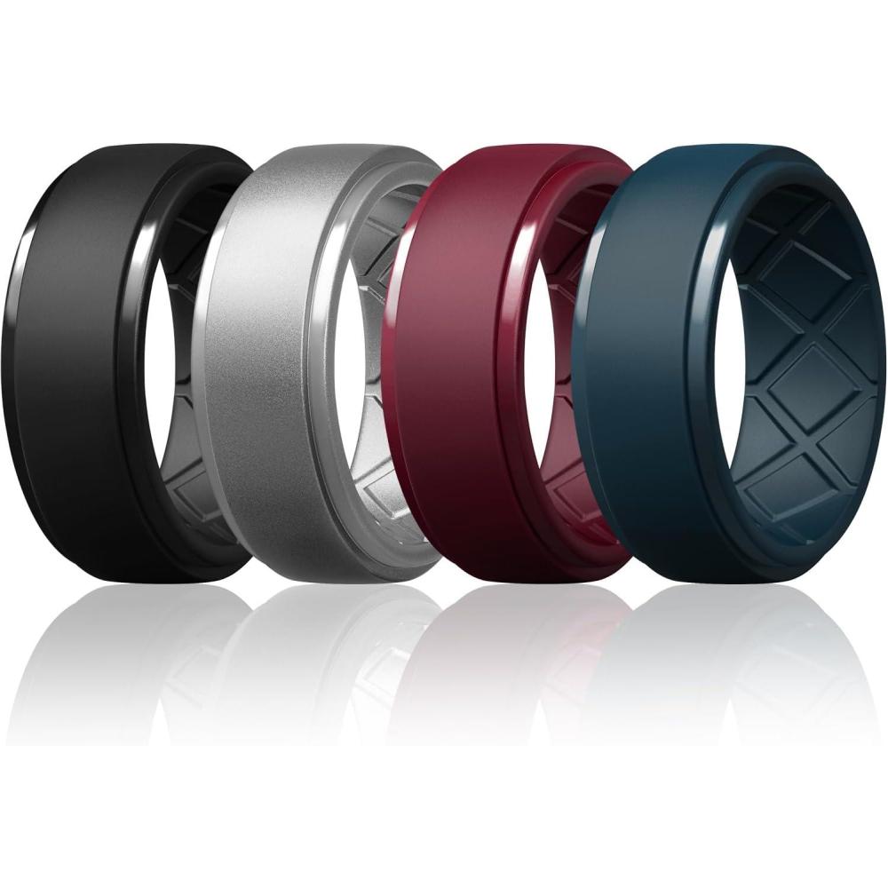 imageEgnaro Mens Silicone Rings 10mm Wide 25mm Thick Rubber Wedding Bands Multipack 147 Breathable Comfort Fit For WorkoutSETR2Black Silver Wine Red Twilight Blue
