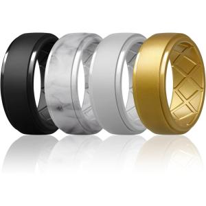 Egnaro Men’s Silicone Rings 10mm Wide 2.5mm Thick Rubber Wedding Bands, Multipack 1/4/7 Breathable Comfort Fit For Workout(SETA6-Black  Marble  White  Gold)