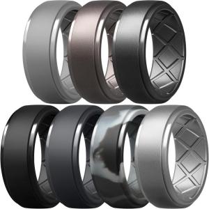 Egnaro Men’s Silicone Rings 10mm Wide 2.5mm Thick Rubber Wedding Bands, Multipack 1/4/7 Breathable Comfort Fit For Workout(SETB2-Light Gray  Metallic Gun  Dark Silver  Black  Dark Gray  Black Gray Camo  Silver)