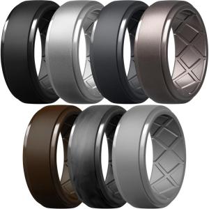 Egnaro Men’s Silicone Rings 10mm Wide 2.5mm Thick Rubber Wedding Bands, Multipack 1/4/7 Breathable Comfort Fit For Workout(SETC6-Black  Dark Silver  Black Gray  Champagne Gold  Light Gray  Dark Brown  Black Camo)