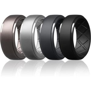 Egnaro Men’s Silicone Rings 10mm Wide 2.5mm Thick Rubber Wedding Bands, Multipack 1/4/7 Breathable Comfort Fit For Workout(SETD1-Metallic Gun  Silver  Dark Gray  Black)