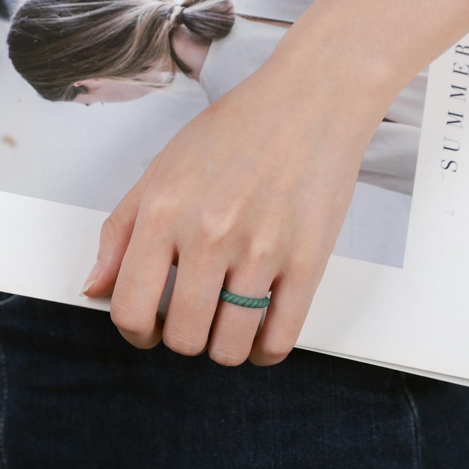 imageEgnaro Silicone Wedding Ring for WomenThin and Stackble Braided Rubber Wedding BandsNoToxicSkin SafeE5Black Green Cloudy Blue Cream Beige