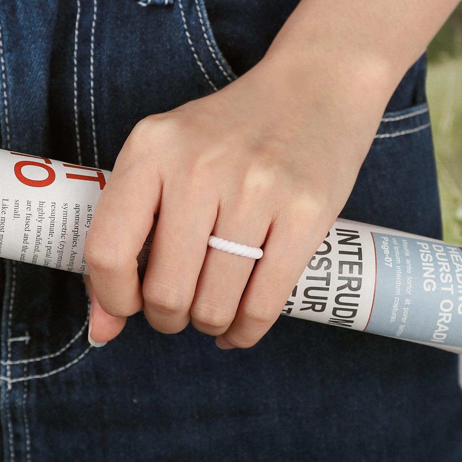 imageEgnaro Silicone Wedding Ring for WomenThin and Stackble Braided Rubber Wedding BandsNoToxicSkin SafeI 4 Rings Black White Faint Red Whitepink