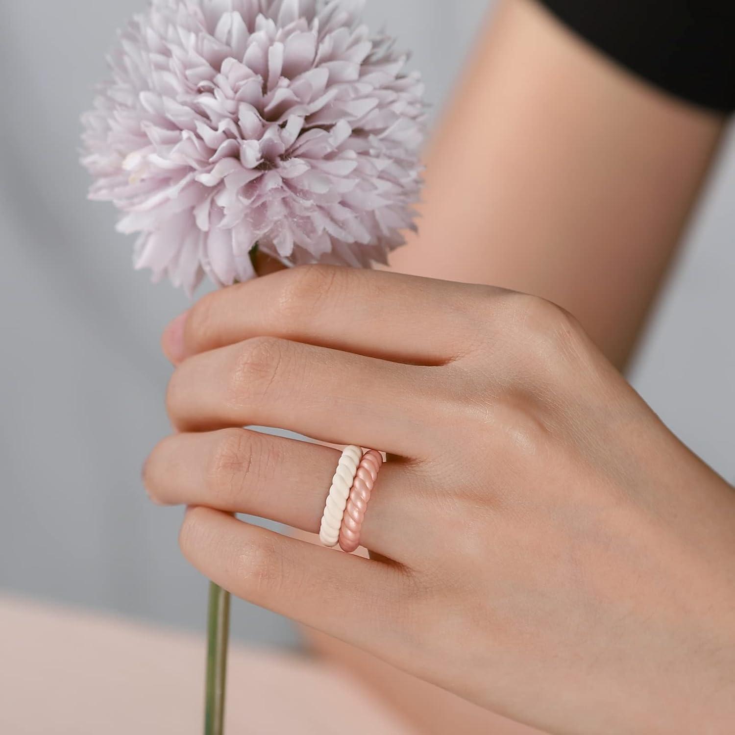 imageEgnaro Silicone Wedding Ring for WomenThin and Stackble Braided Rubber Wedding BandsNoToxicSkin SafeR 8 Rings Black Marble Whitepink Rose Gold Ivory Faint Red White Bronze