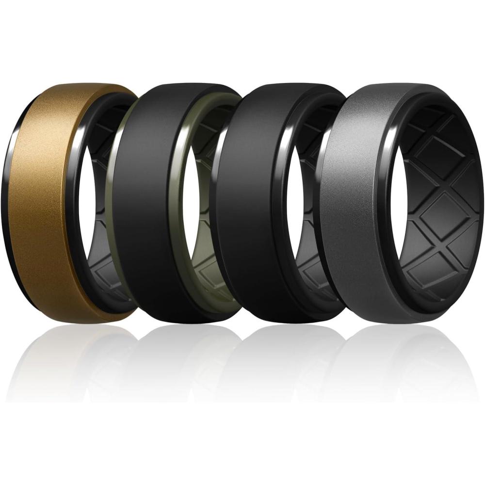imageEgnaro Silicone Rings For Men Rubber Wedding Bands For Him 105mm Wide 28mm Thick Breathable Design Step EdgeSETA3BronzeBlack  BlackOlive Green  Black  Dark SilverBlack