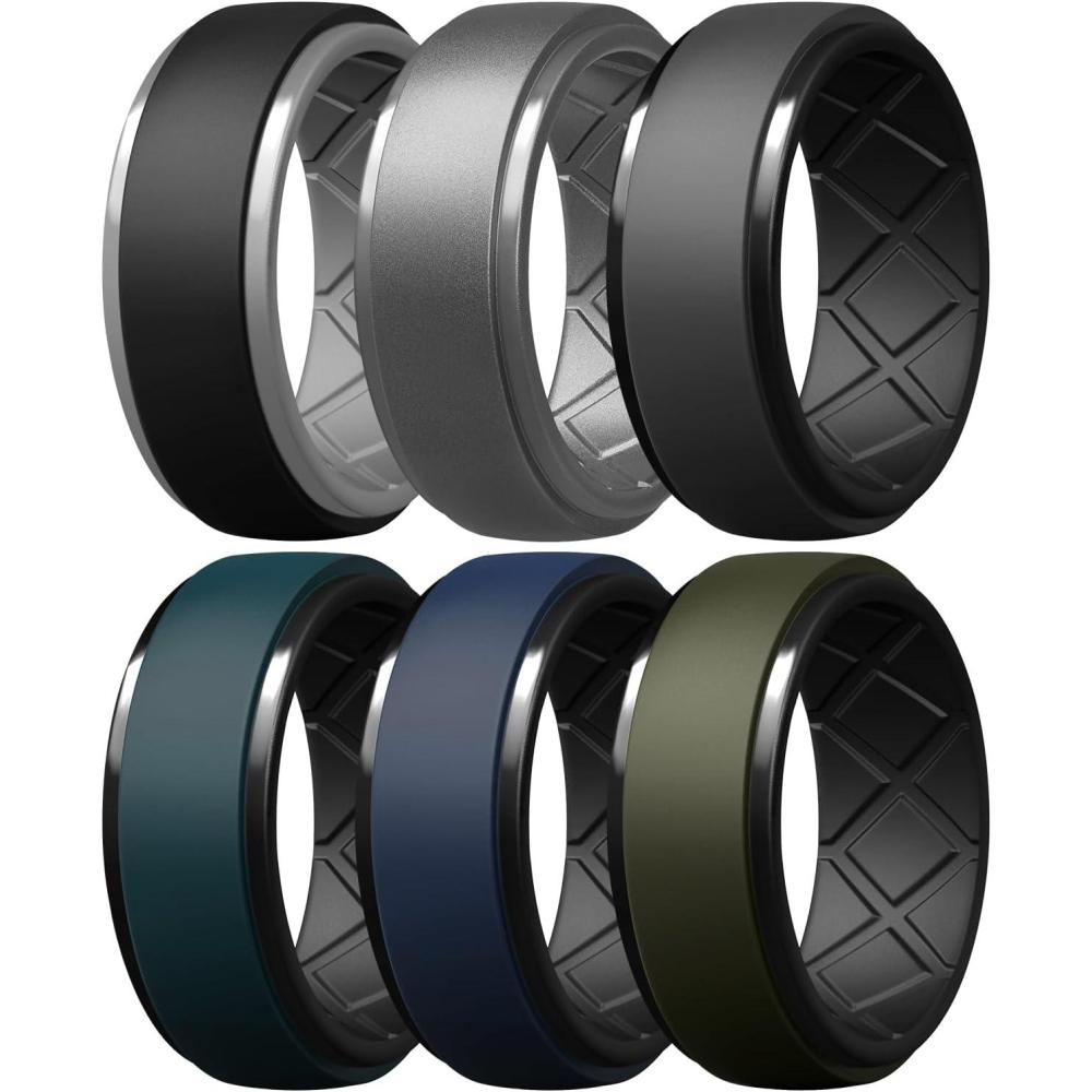 imageEgnaro Silicone Rings For Men Rubber Wedding Bands For Him 105mm Wide 28mm Thick Breathable Design Step EdgeSETB1BlackLight Gray  Dark SilverLight Gray  Dark GrayBlack  Navy BlueBlack  Dark BlueBlack  Olive GreenBlack