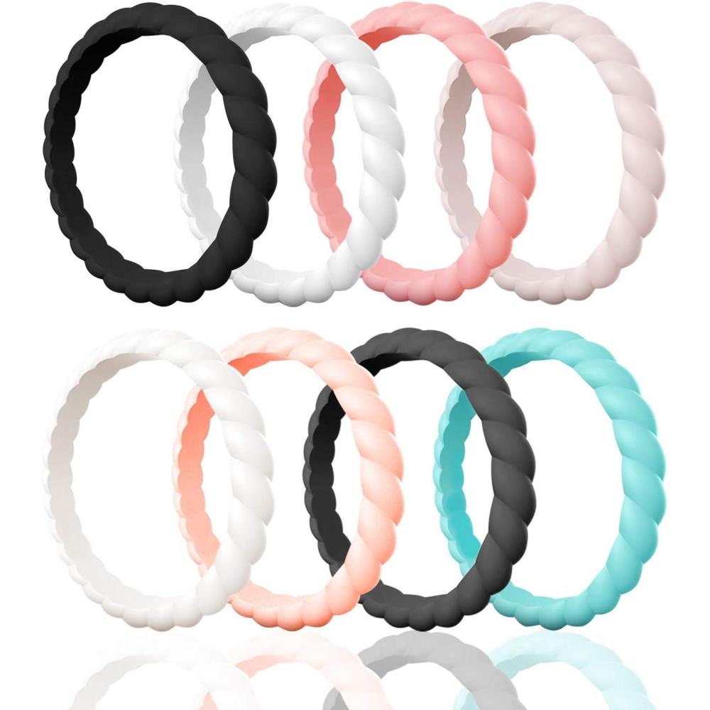 imageEgnaro Silicone Wedding Ring for WomenThin and Stackble Braided Rubber Wedding BandsNoToxicSkin Safe1ABlack  White  Faint Red  Whitepink  Ivory  Rose Gold  Black Gray  Mint Green