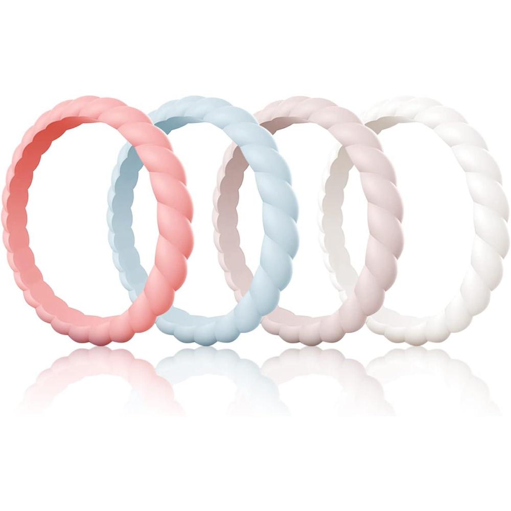 imageEgnaro Silicone Wedding Ring for WomenThin and Stackble Braided Rubber Wedding BandsNoToxicSkin Safe23Faint Red Light Blue Whitepink Ivory