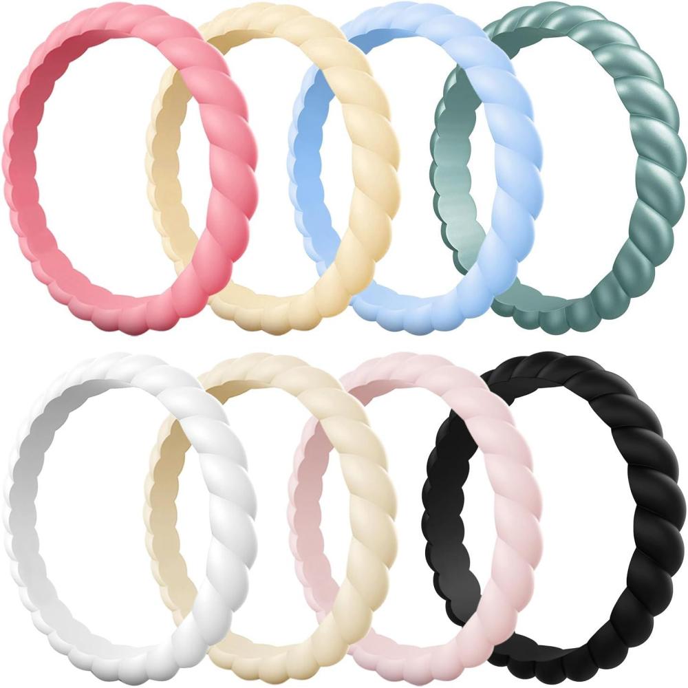 imageEgnaro Silicone Wedding Ring for WomenThin and Stackble Braided Rubber Wedding BandsNoToxicSkin Safe25Faint Red  Sunlight Yellow  Metallic Green  White  Nude  Whitepink  Black  Sky blue