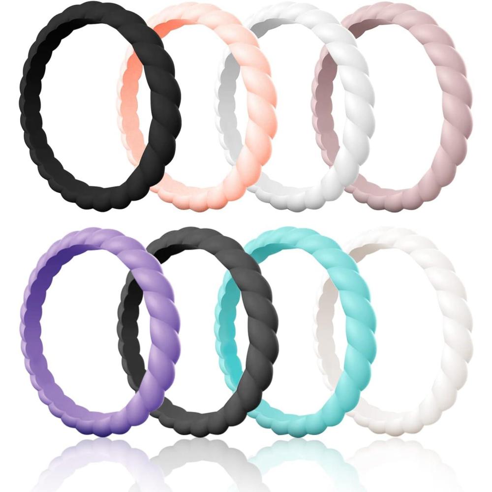 imageEgnaro Silicone Wedding Ring for WomenThin and Stackble Braided Rubber Wedding BandsNoToxicSkin SafeA  8 Rings Black Rose Gold White Pink Sand Ultra Violet Black Gray Mint Green Ivory