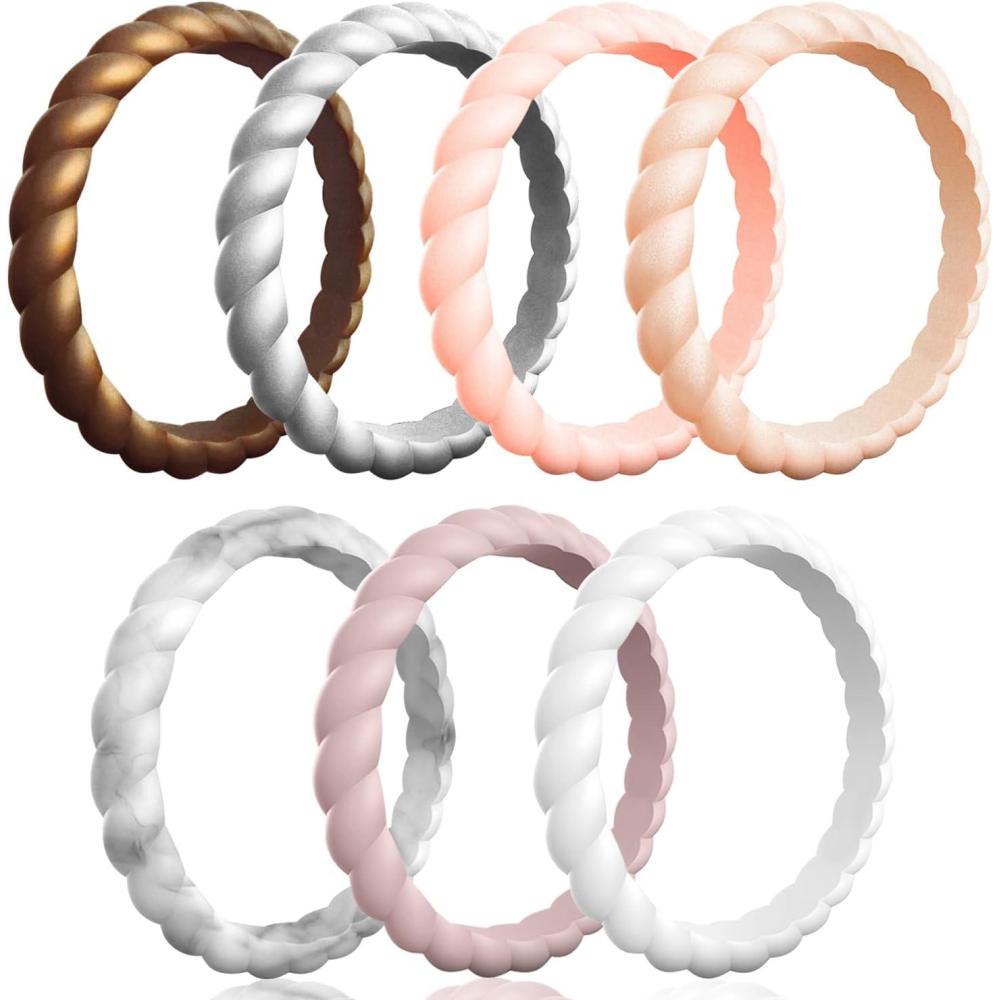 imageEgnaro Silicone Wedding Ring for WomenThin and Stackble Braided Rubber Wedding BandsNoToxicSkin SafeD  8 Rings Bronze Metallic Silver Rose Gold Light Rose Gold Pink Sand Marble White