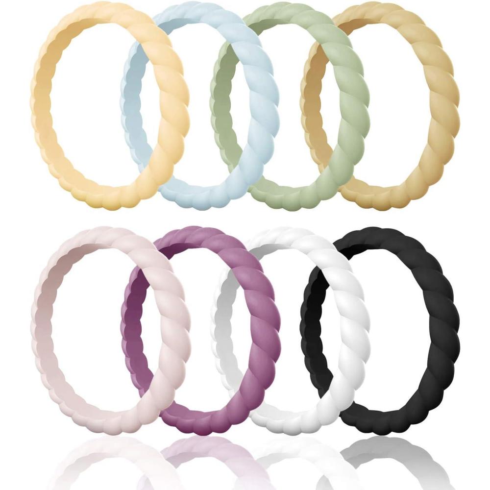 imageEgnaro Silicone Wedding Ring for WomenThin and Stackble Braided Rubber Wedding BandsNoToxicSkin SafeE  8 Rings Sunlight Arctic Ice Green Mist Soybean Peach Pink orchid haze White Black C