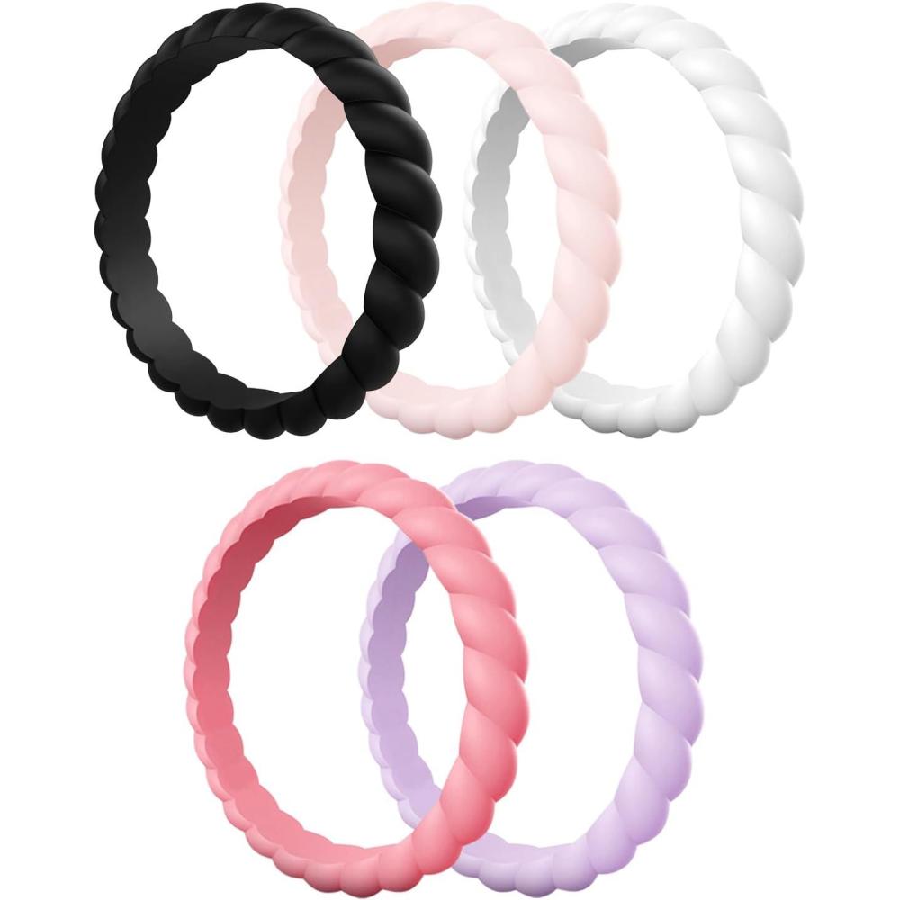 imageEgnaro Silicone Wedding Ring for WomenThin and Stackble Braided Rubber Wedding BandsNoToxicSkin SafeE33Soft Pink  Faint Red  Lilac Purple  Black  White