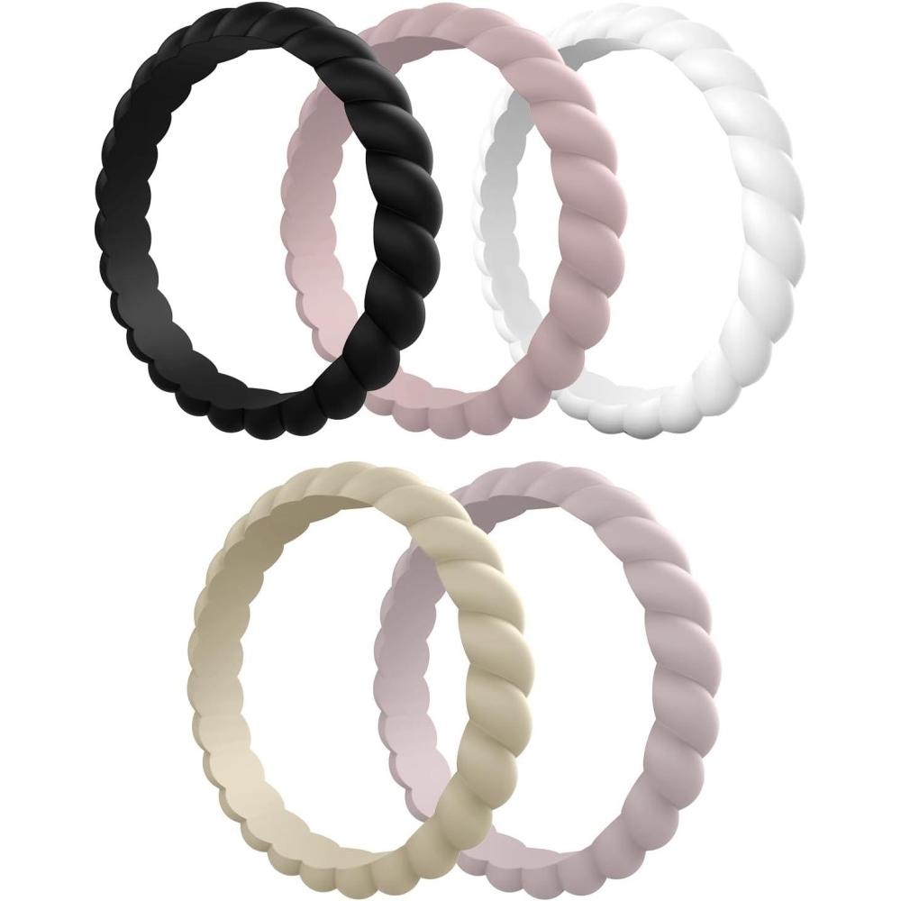 imageEgnaro Silicone Wedding Ring for WomenThin and Stackble Braided Rubber Wedding BandsNoToxicSkin SafeE3Royal Black  Bright Peach  Princess White  Cream Beige  Cloudy Pink