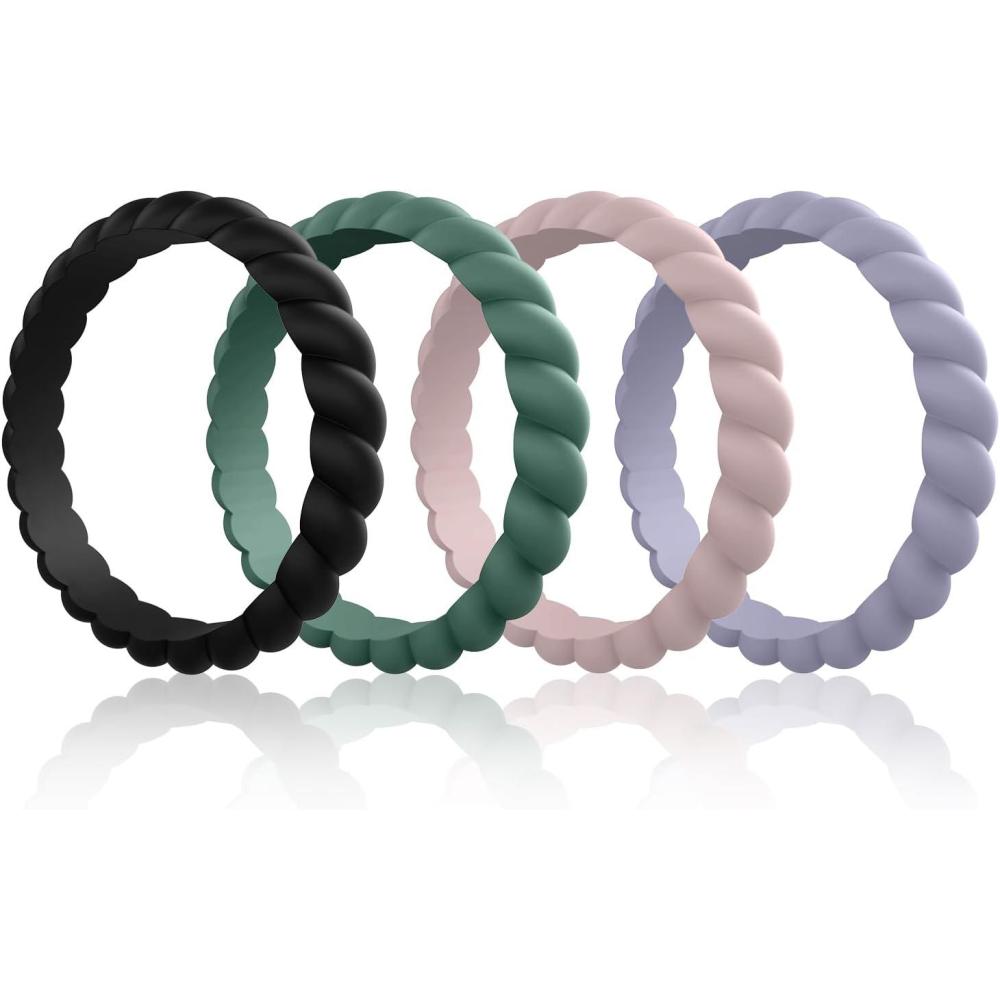 imageEgnaro Silicone Wedding Ring for WomenThin and Stackble Braided Rubber Wedding BandsNoToxicSkin SafeE4Black  Green  Bright Peach  Cloudy Blue