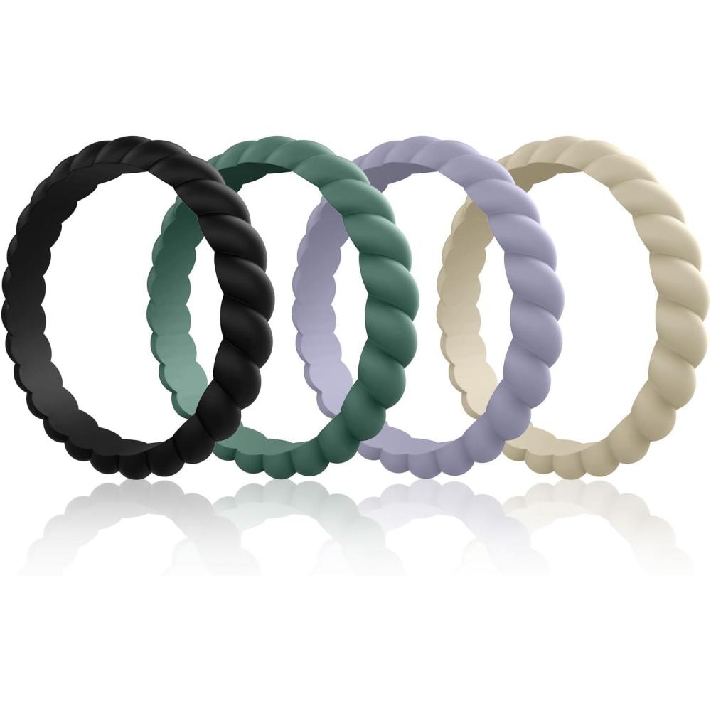 imageEgnaro Silicone Wedding Ring for WomenThin and Stackble Braided Rubber Wedding BandsNoToxicSkin SafeE5Black Green Cloudy Blue Cream Beige