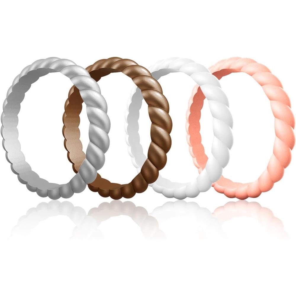 imageEgnaro Silicone Wedding Ring for WomenThin and Stackble Braided Rubber Wedding BandsNoToxicSkin SafeE6Metallic Silver  Bronze  White  Light Rose Gold
