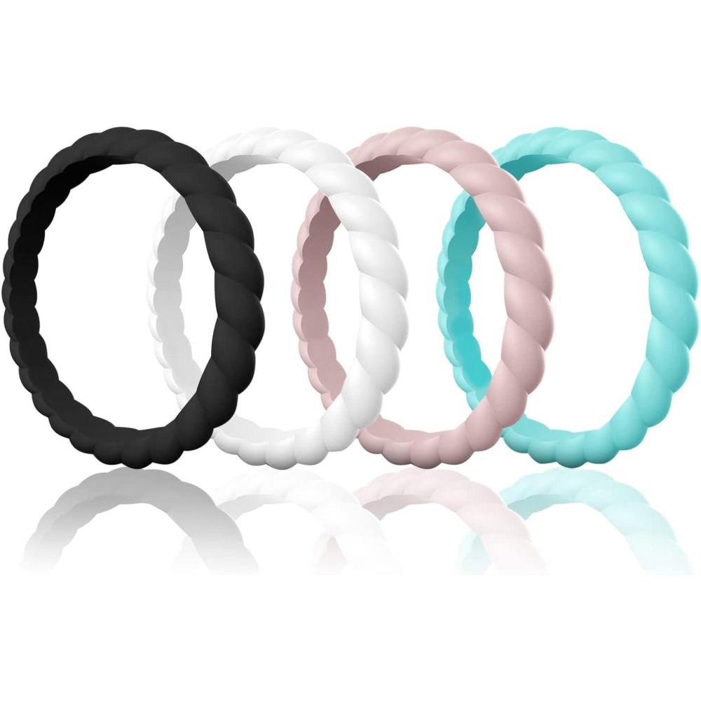imageEgnaro Silicone Wedding Ring for WomenThin and Stackble Braided Rubber Wedding BandsNoToxicSkin SafeM  4 Rings Black White Pink Sand Mint Green