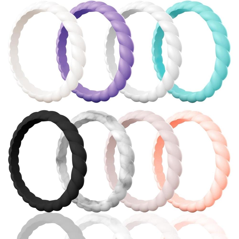 imageEgnaro Silicone Wedding Ring for WomenThin and Stackble Braided Rubber Wedding BandsNoToxicSkin SafeQ  8 Rings Black Marble Whitepink Rose Gold Ivory Ultra Violet White Mint Green