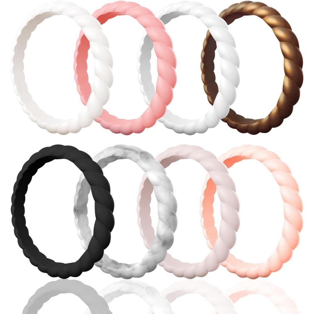 imageEgnaro Silicone Wedding Ring for WomenThin and Stackble Braided Rubber Wedding BandsNoToxicSkin SafeR  8 Rings Black Marble Whitepink Rose Gold Ivory Faint Red White Bronze