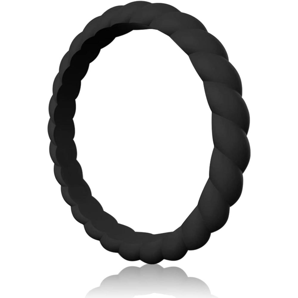 imageEgnaro Silicone Wedding Ring for WomenThin and Stackble Braided Rubber Wedding BandsNoToxicSkin SafeSETNBlcak