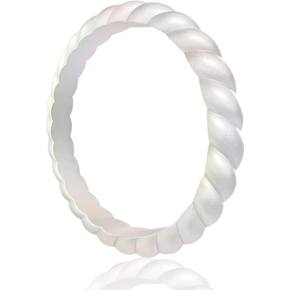 imageEgnaro Silicone Wedding Ring for WomenThin and Stackble Braided Rubber Wedding BandsNoToxicSkin SafeSETNPearl White