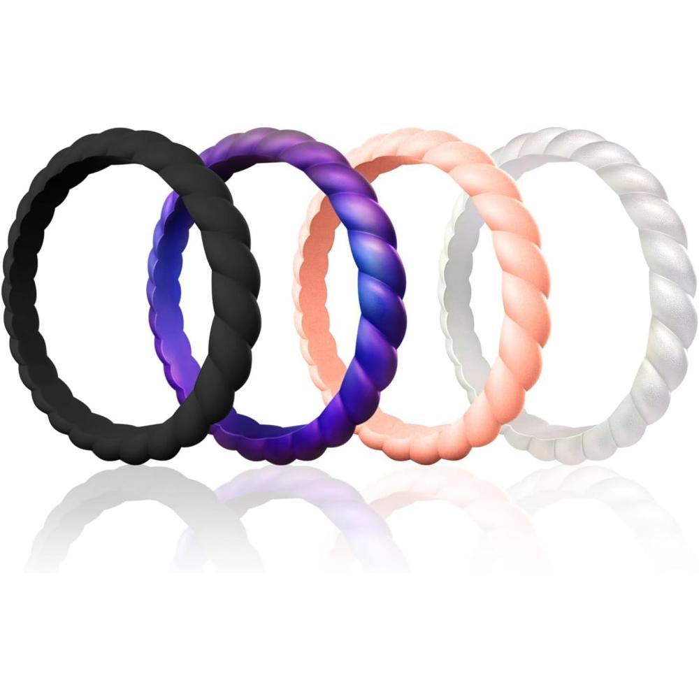 imageEgnaro Silicone Wedding Ring for WomenThin and Stackble Braided Rubber Wedding BandsNoToxicSkin SafeSETOBlack Starry Purple Rose Gold Metallic Pearl White