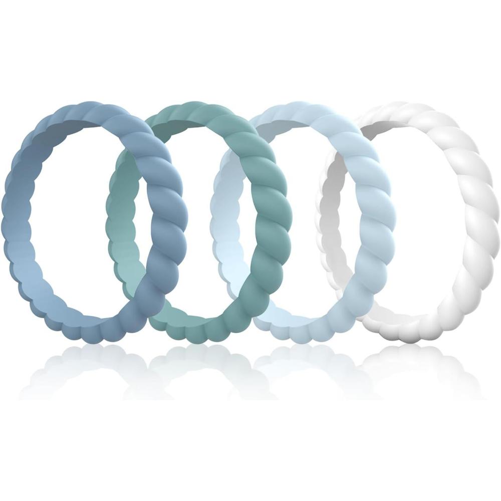 imageEgnaro Silicone Wedding Ring for WomenThin and Stackble Braided Rubber Wedding BandsNoToxicSkin SafeSETSBlue Light Green Light Blue White