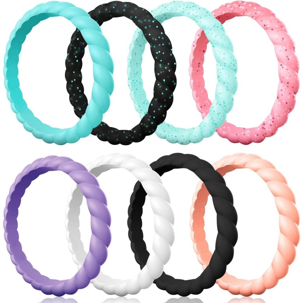 imageEgnaro Silicone Wedding Ring for WomenThin and Stackble Braided Rubber Wedding BandsNoToxicSkin SafeSETULight Green  Black Green Flashing  Green Flashing  Pink Flashing  Purple  White  Pure Black  Rose Gold