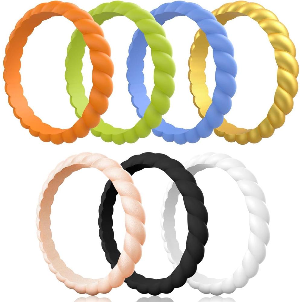 imageEgnaro Silicone Wedding Ring for WomenThin and Stackble Braided Rubber Wedding BandsNoToxicSkin SafeSetqorange  Yellow Green  Light Blue  Metallic Gold  Rose Gold  Black  White