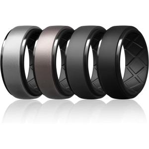 Egnaro Silicone Rings For Men, Rubber Wedding Bands For Him, 10.5mm Wide 2.8mm Thick, Breathable Design Step Edge(SETA2-Silver/Black  Metallic Gun/Black  Black Gray/Black  Black)