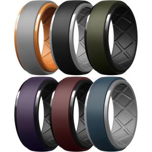 Egnaro Silicone Rings For Men, Rubber Wedding Bands For Him, 10.5mm Wide 2.8mm Thick, Breathable Design Step Edge(SETB2-White Gray/Orange  Black/Light Gray  Olive Green/Black  Dark Purple/Black  Maroon/Black  Twilight Blue/Light Gray)