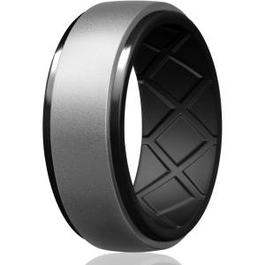 Egnaro Silicone Rings For Men, Rubber Wedding Bands For Him, 10.5mm Wide 2.8mm Thick, Breathable Design Step Edge(SETC1-Silver/Black)