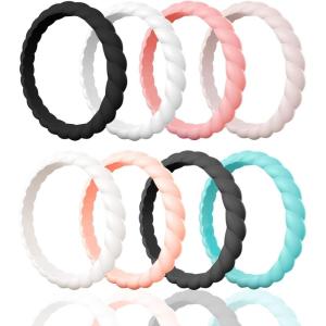Egnaro Silicone Wedding Ring for Women,Thin and Stackble Braided Rubber Wedding Bands,No-Toxic,Skin Safe(1A-Black  White  Faint Red  Whitepink  Ivory  Rose Gold  Black Gray  Mint Green)