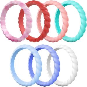 Egnaro Silicone Wedding Ring for Women,Thin and Stackble Braided Rubber Wedding Bands,No-Toxic,Skin Safe(21-Pink Camo  Honey Red  Mint Green  Sky blue  light purple-blue  White  peach pink)