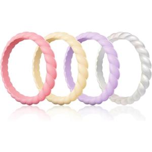Egnaro Silicone Wedding Ring for Women,Thin and Stackble Braided Rubber Wedding Bands,No-Toxic,Skin Safe(22-peach pink  Sunlight Yellow  Metallic Pearl White  Lilac Purple)