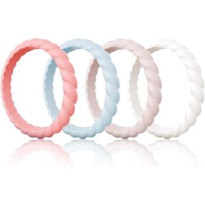 Egnaro Silicone Wedding Ring for Women,Thin and Stackble Braided Rubber Wedding Bands,No-Toxic,Skin Safe(23-Faint Red Light Blue Whitepink Ivory)