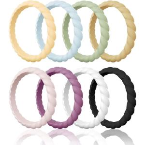 Egnaro Silicone Wedding Ring for Women,Thin and Stackble Braided Rubber Wedding Bands,No-Toxic,Skin Safe(E ( 8 Rings )-Sunlight Arctic Ice Green Mist Soybean Peach Pink orchid haze White Black C)