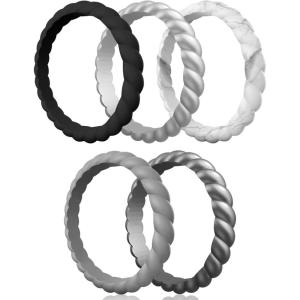 Egnaro Silicone Wedding Ring for Women,Thin and Stackble Braided Rubber Wedding Bands,No-Toxic,Skin Safe(E2-Black  Metallic Silver  Marble  Light Gray  Dark silver)