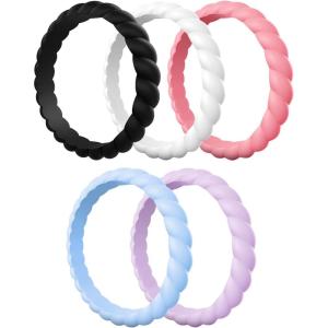 Egnaro Silicone Wedding Ring for Women,Thin and Stackble Braided Rubber Wedding Bands,No-Toxic,Skin Safe(E31-Faint Red  Lilac Purple  Sky Blue  Black  White)
