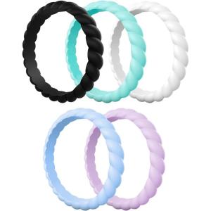 Egnaro Silicone Wedding Ring for Women,Thin and Stackble Braided Rubber Wedding Bands,No-Toxic,Skin Safe(E32-Lilac Purple  Sky Blue  Teal Mist  Black  White)
