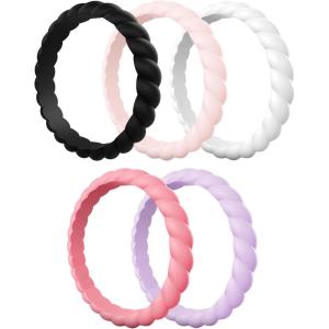 Egnaro Silicone Wedding Ring for Women,Thin and Stackble Braided Rubber Wedding Bands,No-Toxic,Skin Safe(E33-Soft Pink  Faint Red  Lilac Purple  Black  White)