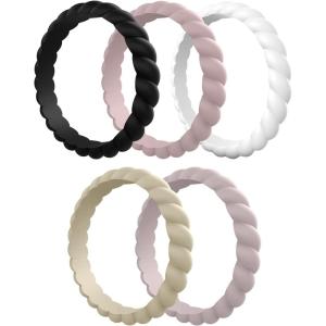 Egnaro Silicone Wedding Ring for Women,Thin and Stackble Braided Rubber Wedding Bands,No-Toxic,Skin Safe(E3-Royal Black  Bright Peach  Princess White  Cream Beige  Cloudy Pink)