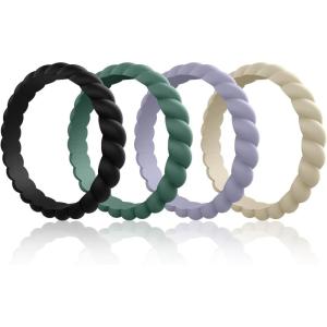 Egnaro Silicone Wedding Ring for Women,Thin and Stackble Braided Rubber Wedding Bands,No-Toxic,Skin Safe(E5-Black  Green  Cloudy Blue  Cream Beige)