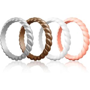 Egnaro Silicone Wedding Ring for Women,Thin and Stackble Braided Rubber Wedding Bands,No-Toxic,Skin Safe(E6-Metallic Silver  Bronze  White  Light Rose Gold)