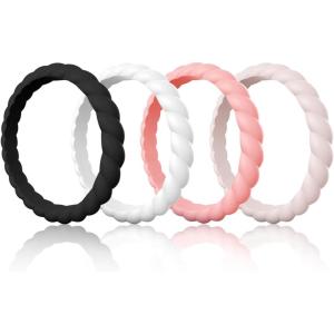 Egnaro Silicone Wedding Ring for Women,Thin and Stackble Braided Rubber Wedding Bands,No-Toxic,Skin Safe(I ( 4 Rings )-Black  White  Faint Red  Whitepink)