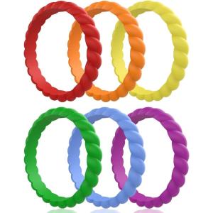Egnaro Silicone Wedding Ring for Women,Thin and Stackble Braided Rubber Wedding Bands,No-Toxic,Skin Safe(SETP-Red  Orange  Yellow  Cyan  Blue  Purple)