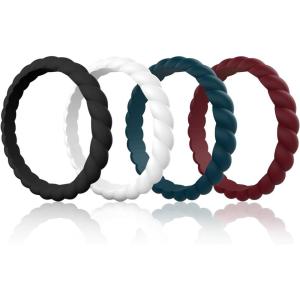 Egnaro Silicone Wedding Ring for Women,Thin and Stackble Braided Rubber Wedding Bands,No-Toxic,Skin Safe(SETR-Black  White  Navy Blue  Chestnut)