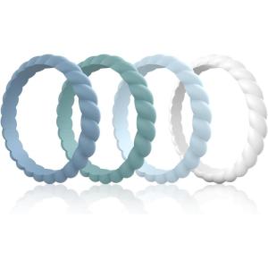 Egnaro Silicone Wedding Ring for Women,Thin and Stackble Braided Rubber Wedding Bands,No-Toxic,Skin Safe(SETS-Blue  Light Green  Light Blue  White)