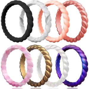 Egnaro Silicone Wedding Ring for Women,Thin and Stackble Braided Rubber Wedding Bands,No-Toxic,Skin Safe(SETT-Black  Marble  Rose Gold  Metal Rose Red  Light Red  Copper  Metal Pearl White  Starry Purple)
